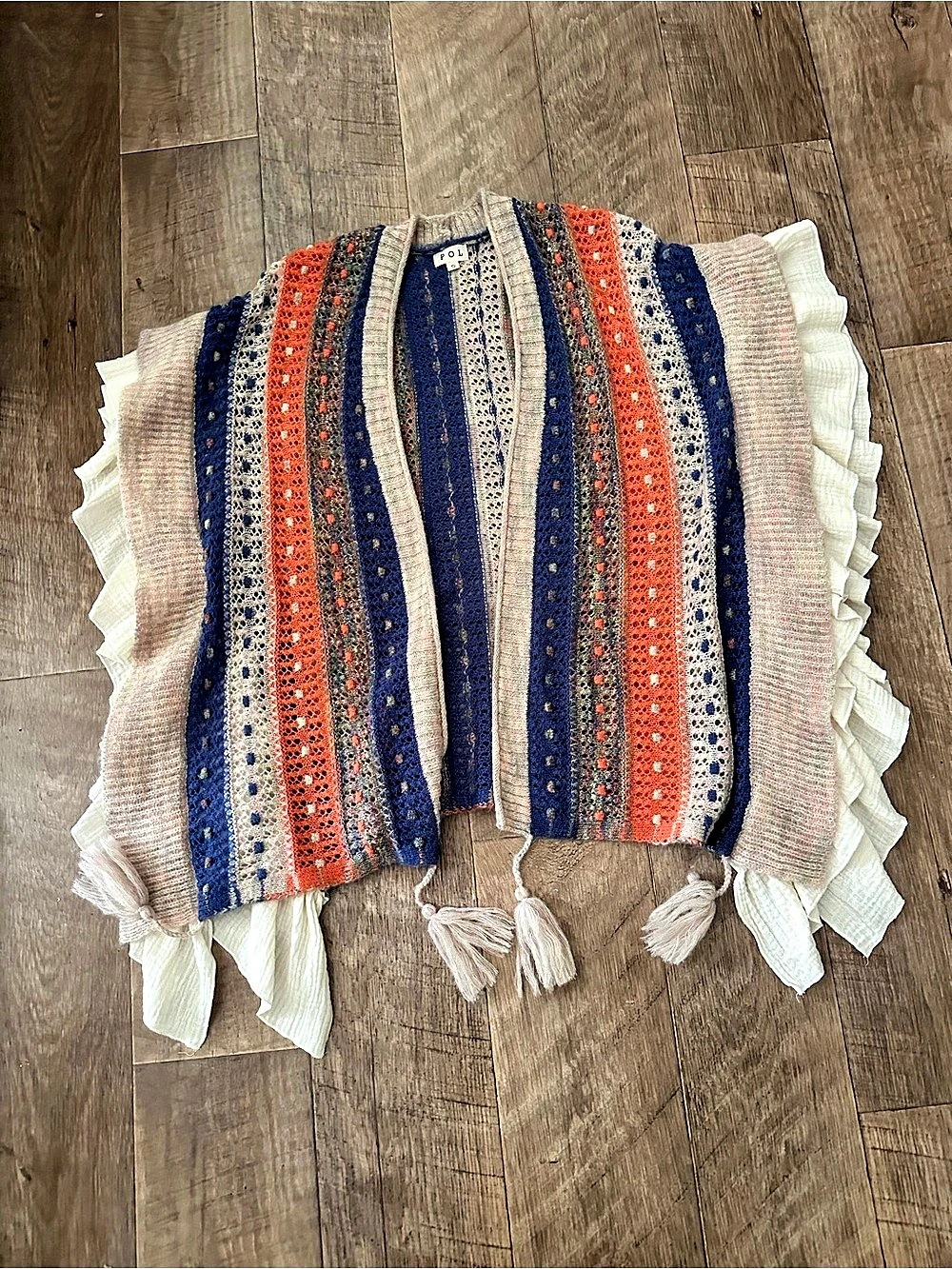 POL Striped Crochet Open-Front Poncho Cardigan with Tassels